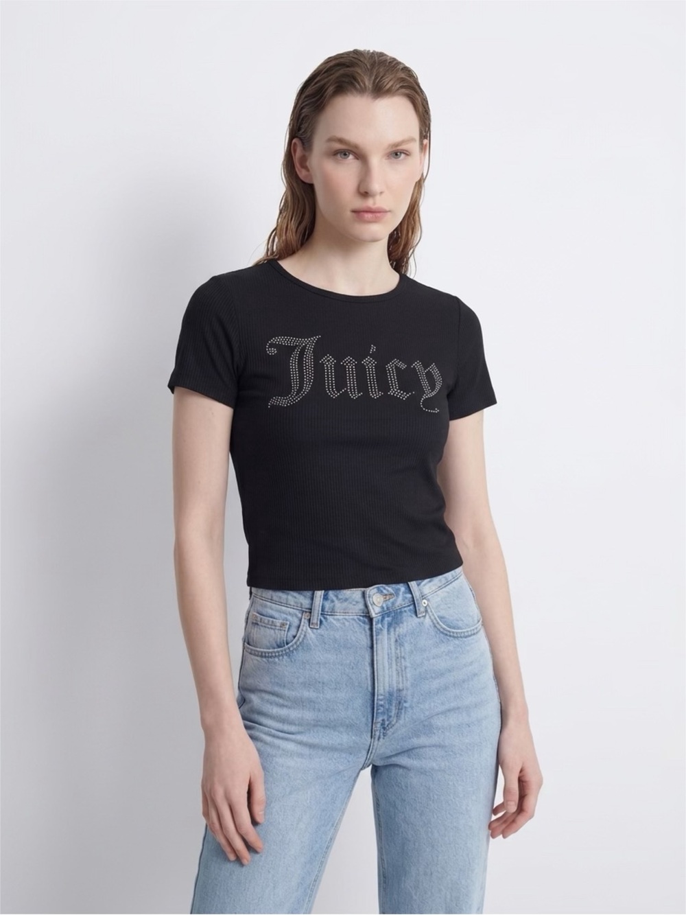 Juicy Couture Black Rhinestone Logo Fitted Tee